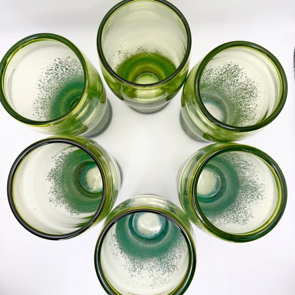 Set of 6 Hand Blown Ombre Green Art Glass Highball Tumbler‎ Glasses Mermaidcore